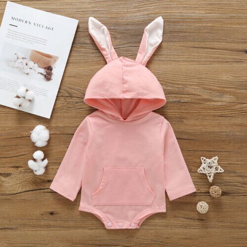 Pudcoco US Stock New Rabbit Ear Infant Baby Boys Girls Fall Clothes Long Sleeve Hooded Jumpsuit Fashion Autumn Clothes Outfit