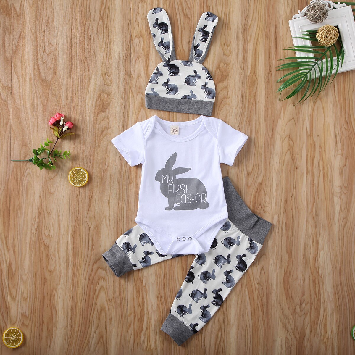 lioraitiin  0-18M Newborn Infant Baby Boy Girl Easter Clothing Set 3Pcs Short Sleeve Rabbit Printed Romper Top Long Pant Hat