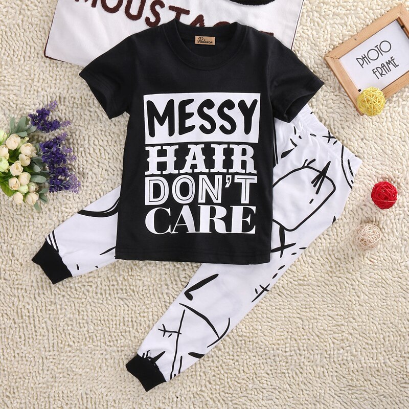 Pudcoco US Stock 2pcs children set!!Toddler Kids Baby Girls Black Letter T-shirt Tops+White Catton Long Pants Leggings Outfit