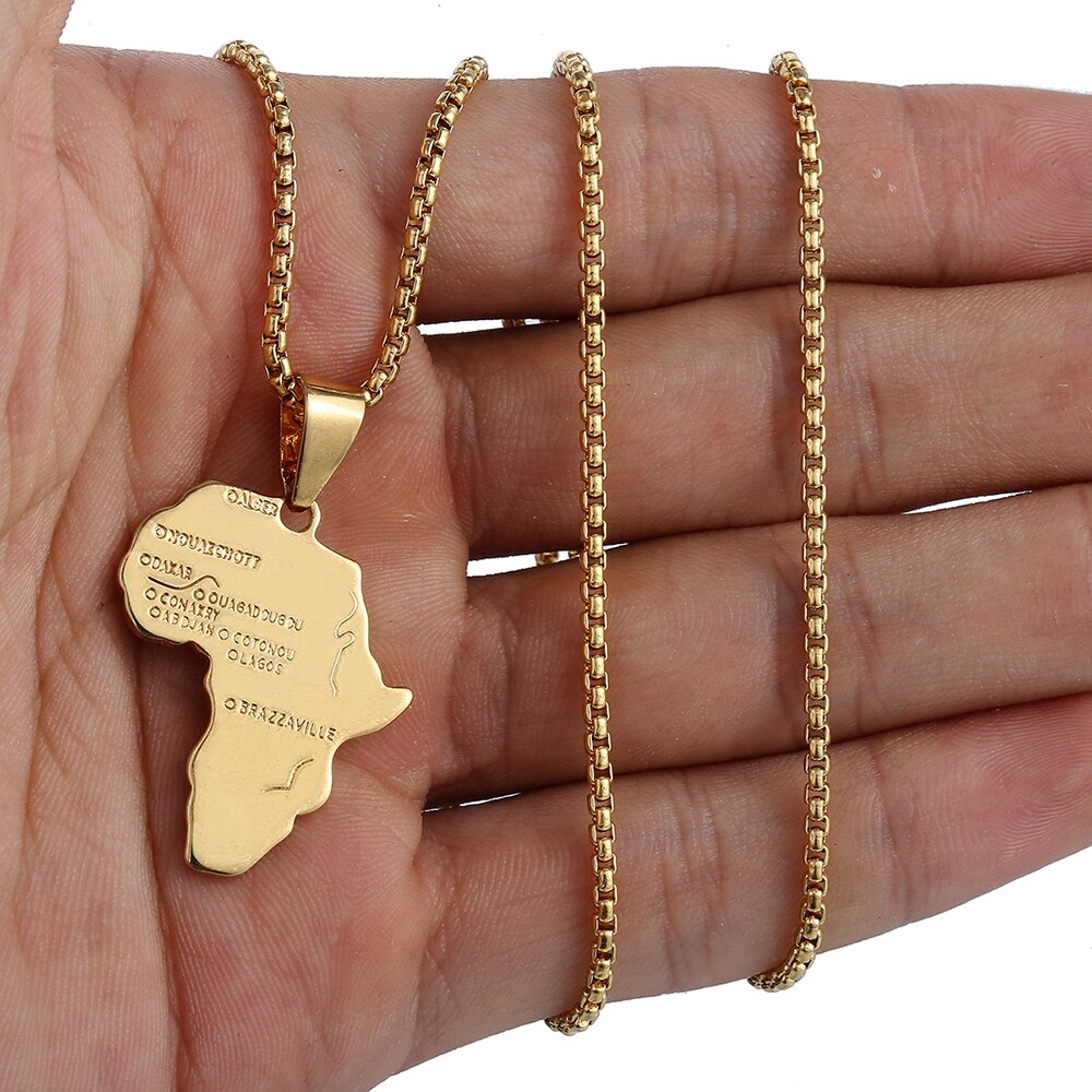 Pendant Necklace for Men Women Gold Color Africa Map Shape Pendant Box Link Chain Necklace Dropshipping GP56A