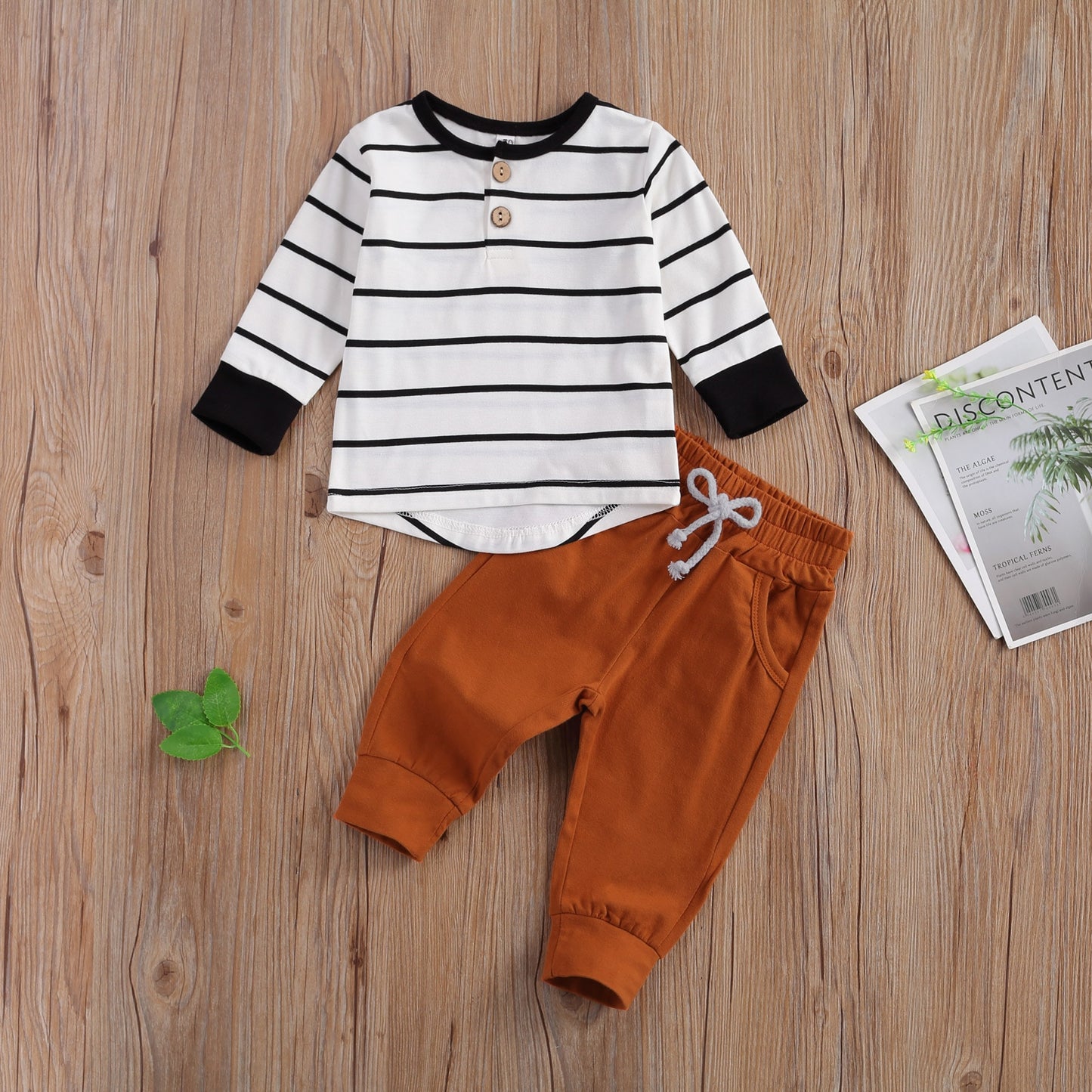 lioraitiin 0-24M Newborn Baby Boys 2-piece Outfit Set Long Sleeve Striped Tops+Solid Pants Set for Kids Boys Summer Outfit