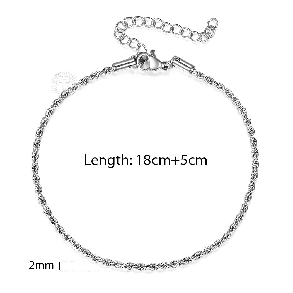 Vintage Mens Womens Stainless Steel Rope Bracelets 2/3/4/5mm Twisted Cable Chain Wrist Jewelry Length Adjustable KBB13C