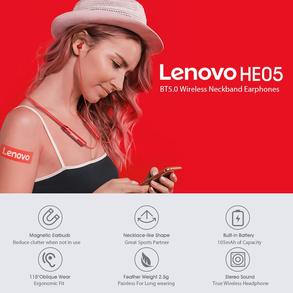 Original Lenovo HE05 Bluetooth 5.0 Wireless Magnetic Neckband Running Sports Earphone Earplug with Waterproof Noise Canceling