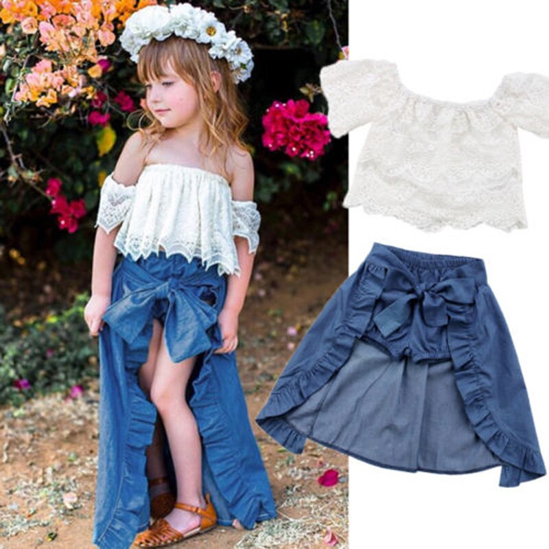 lioraitiin New Fashion Summer Girl Clothe Set Kid Lace Off-shoulder T-shirt Top Pants Princess Skirt Party Outfits Clothes