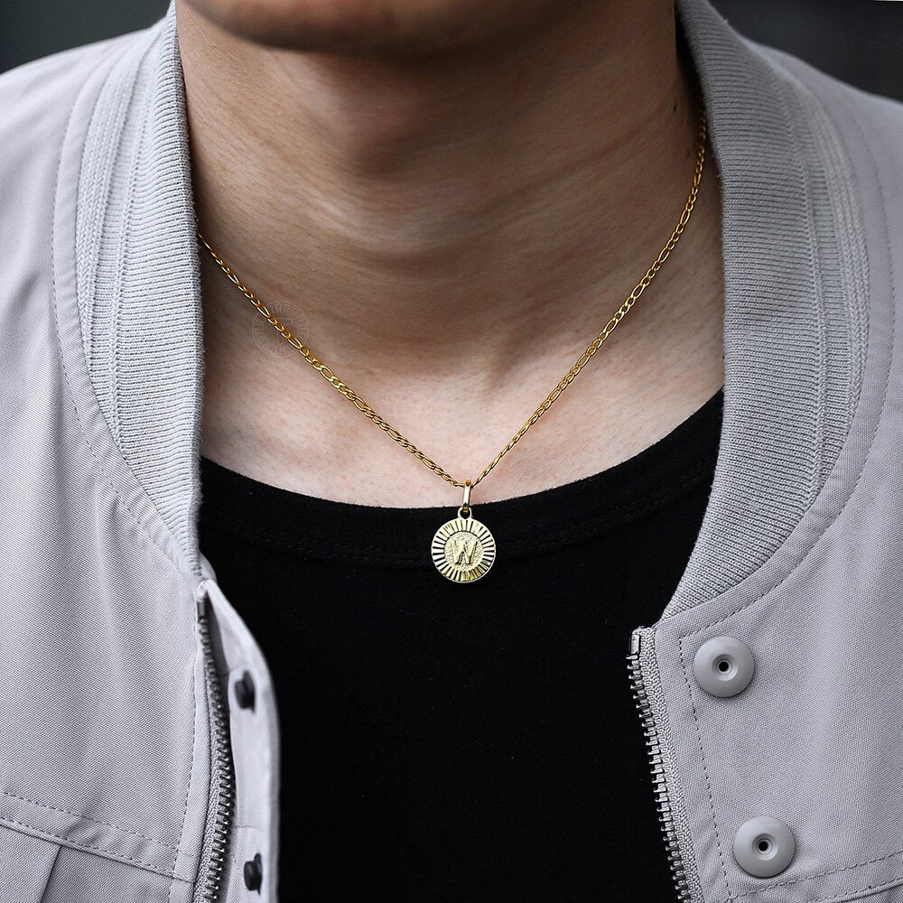 Initial Name Necklace Women Men Couple Gold Color Adjustable Figaro Chain Coin Letter Alphabet Pendant Necklaces Classic Collar