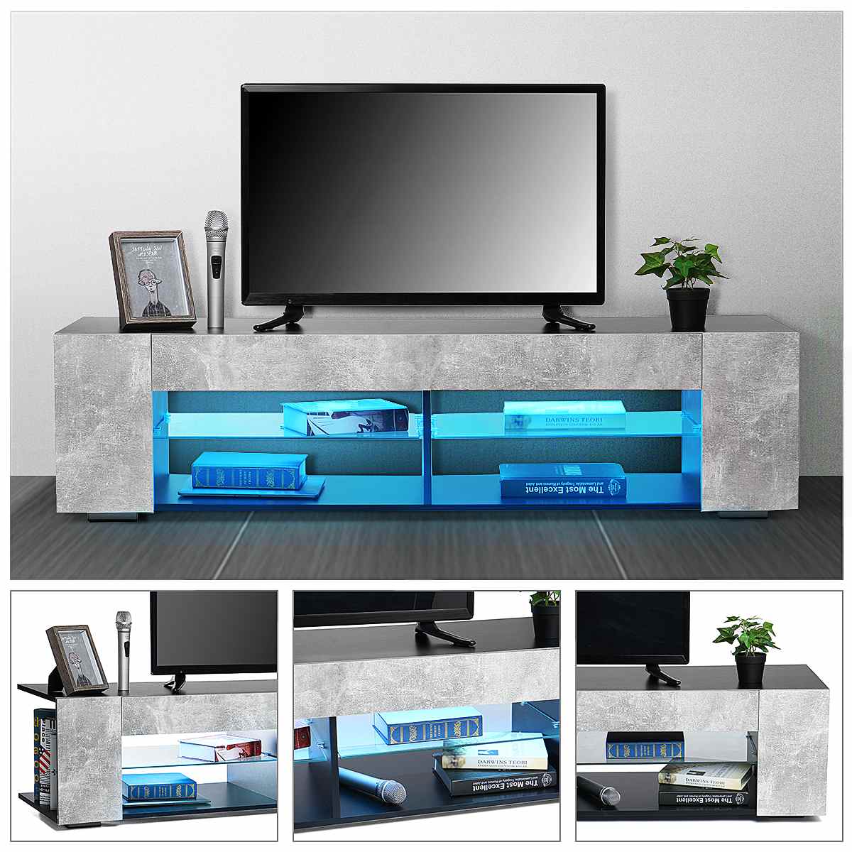 Modern RGB LED TV Stands Home Living Room Lighting Furniture TV Tables TV Unit Bracket With 2 Side Cabinet Storage Organizer