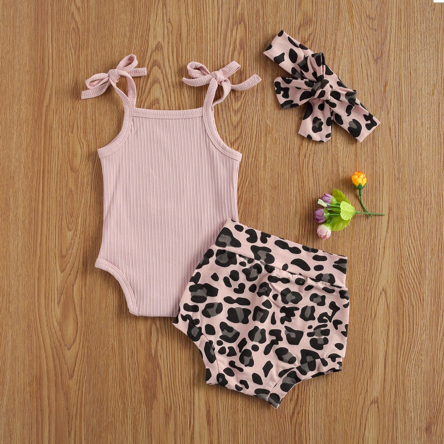 lioraitiin 0-18M Infant Newborn Girls 3 Pcs Outfits Suits Sling Tank Kinitting Tops Romper Tops Leopard Shorts Headband Sets