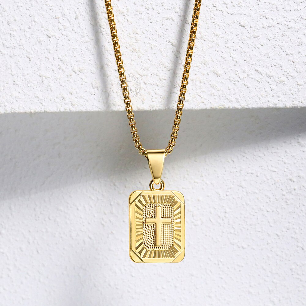 New Square Christian Cross Pendant Necklace Gold Color Jesus Christ Crucifix Charm Stainless Steel Box Chain for Men Women GP422