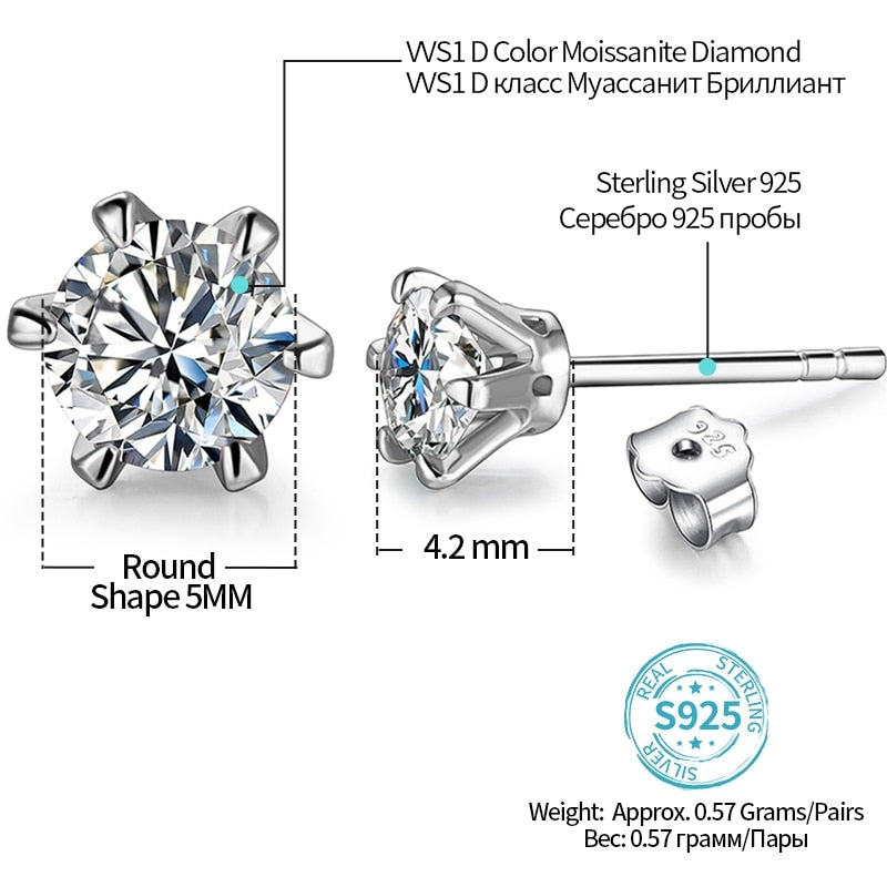 New Arrival 0.5 Carat Moissanite Gemstone Stud Earrings for Women Solid 925 Sterling Silver D Color Solitaire Fine Jewelry