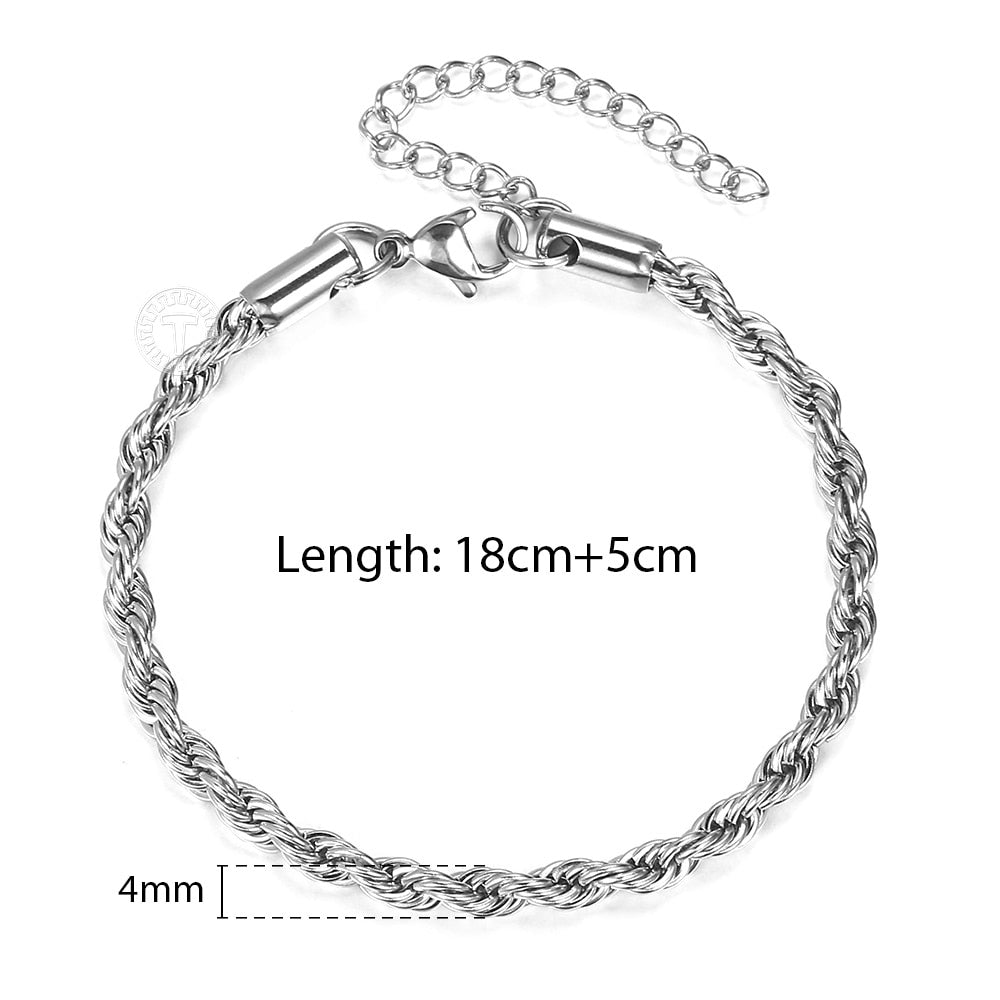 Vintage Mens Womens Stainless Steel Rope Bracelets 2/3/4/5mm Twisted Cable Chain Wrist Jewelry Length Adjustable KBB13C