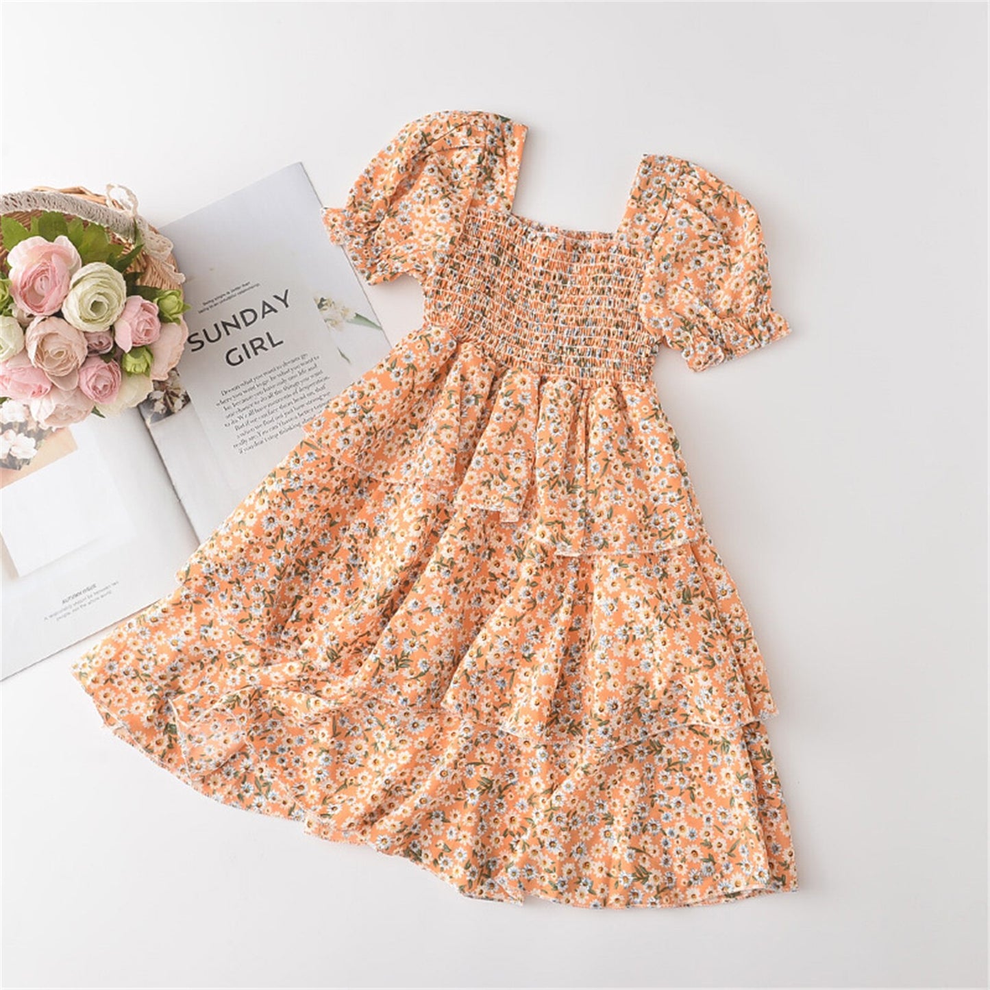 lioraitiin  2-6Years Princess Summer Baby Girls Dress Ruffles Sleeve Floral Cake Dress Knee Length A-Line Dress