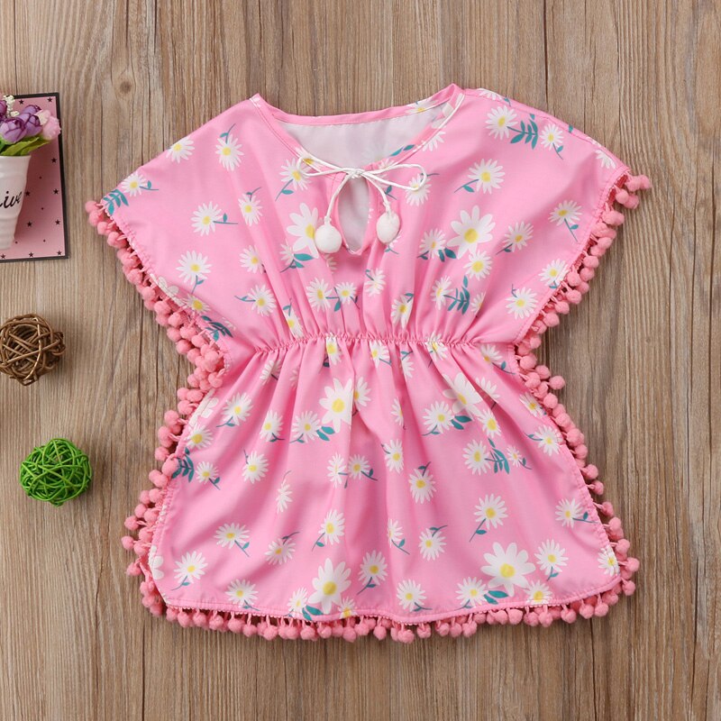 lioraitiin New Fashion Kids Baby Girls Dress Beach Sundress Short Sleeve O-Neck Cotton Flower Fringe Dresses Bikini Cover