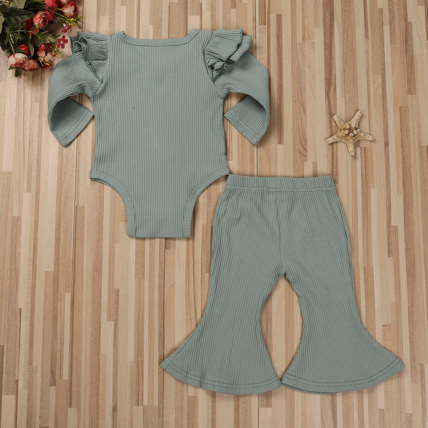 lioraitiin 0-24M Baby Girls Clothing Sets Ruffles Long Sleeve Rompers Tops+Flare Pants Casual Ribbed Knitted Outfits 10 Colors