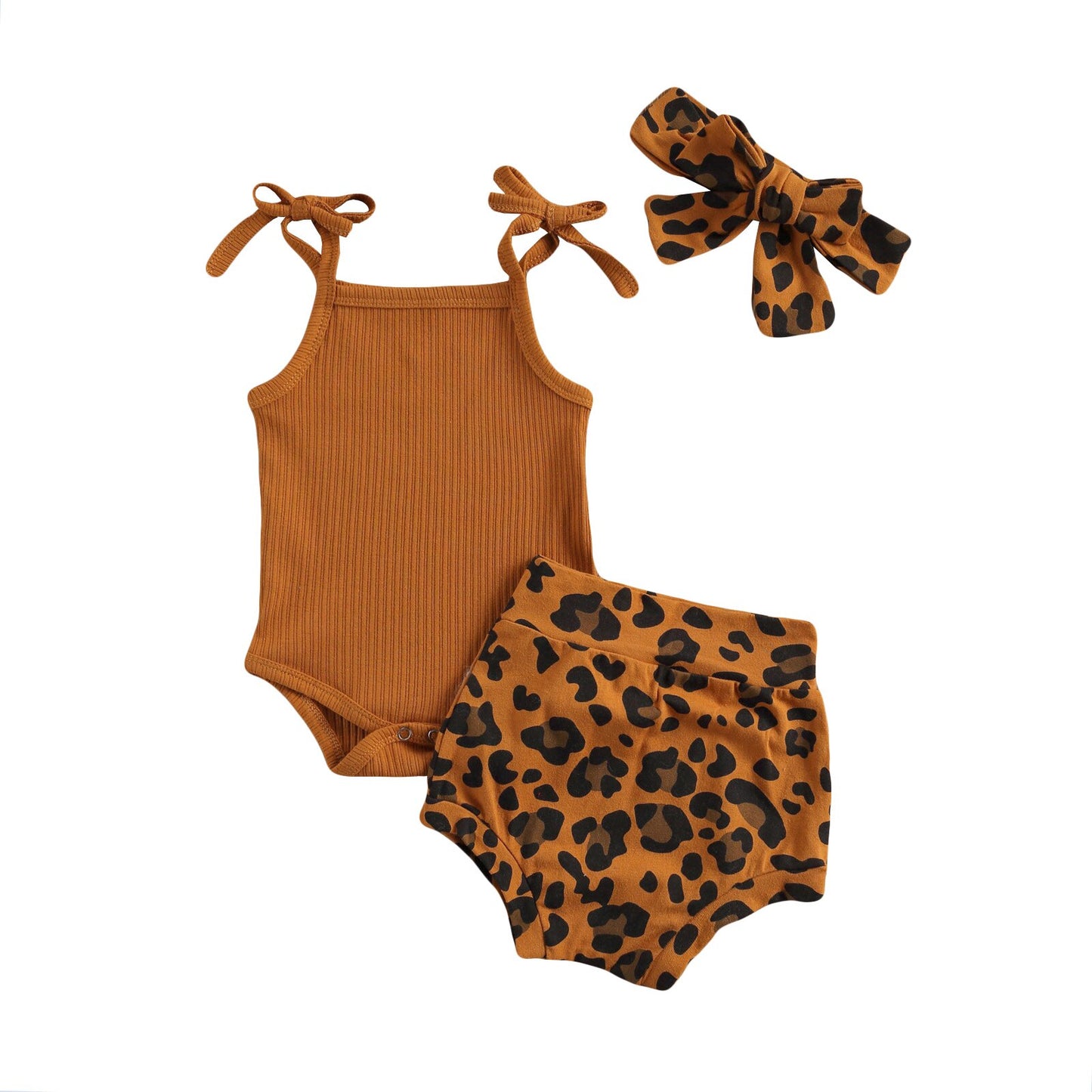 lioraitiin 0-18M Infant Newborn Girls 3 Pcs Outfits Suits Sling Tank Kinitting Tops Romper Tops Leopard Shorts Headband Sets