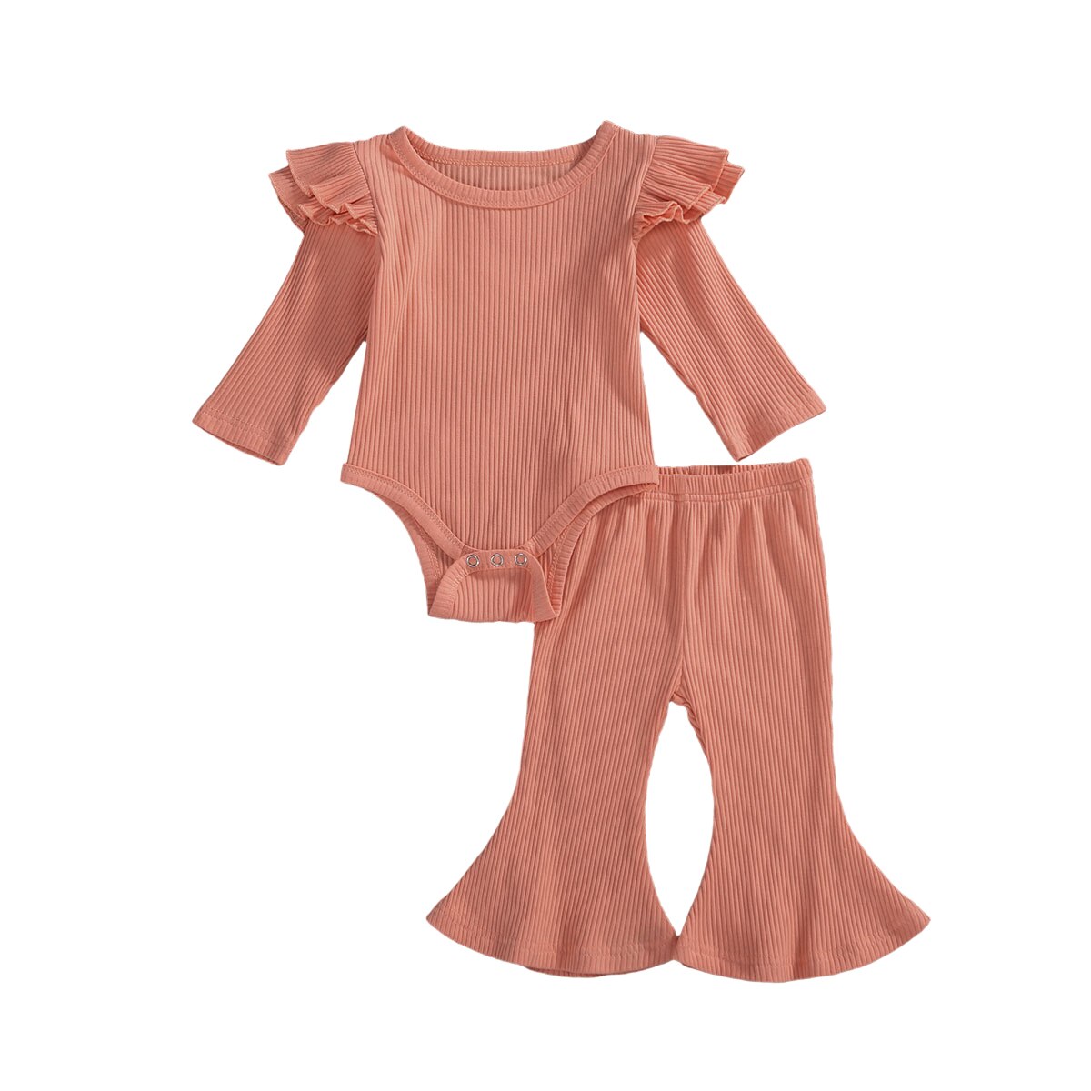 lioraitiin 0-24M Baby Girls Clothing Sets Ruffles Long Sleeve Rompers Tops+Flare Pants Casual Ribbed Knitted Outfits 10 Colors