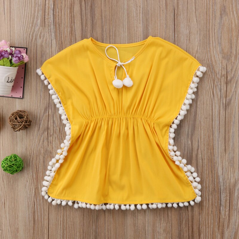 lioraitiin New Fashion Kids Baby Girls Dress Beach Sundress Short Sleeve O-Neck Cotton Flower Fringe Dresses Bikini Cover