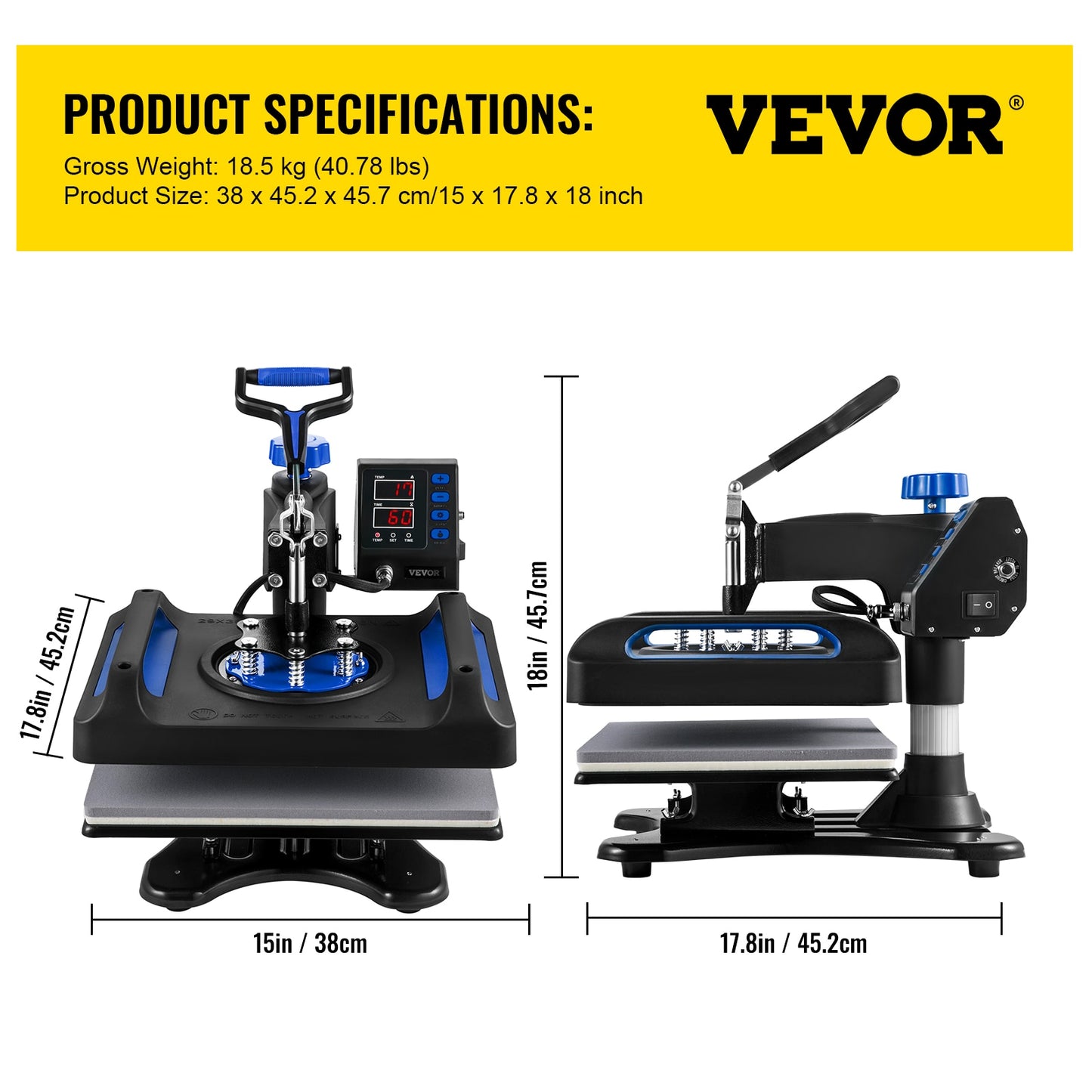 VEVOR 5-in-1 Multifunctional Heat Press Machine 30*38CM 38*38CM Digital Display Sublimation Printer for Cap Shirt Mug Plate