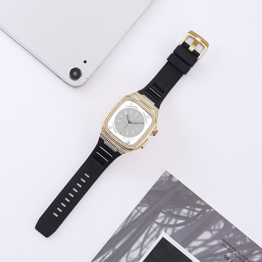 Diamond Modification Kit For Apple Watch 8 7 6 SE 5 4 Lady Metal Frame Refit For Iwatch Series 44mm 45mm Rubber Band MOD KIT