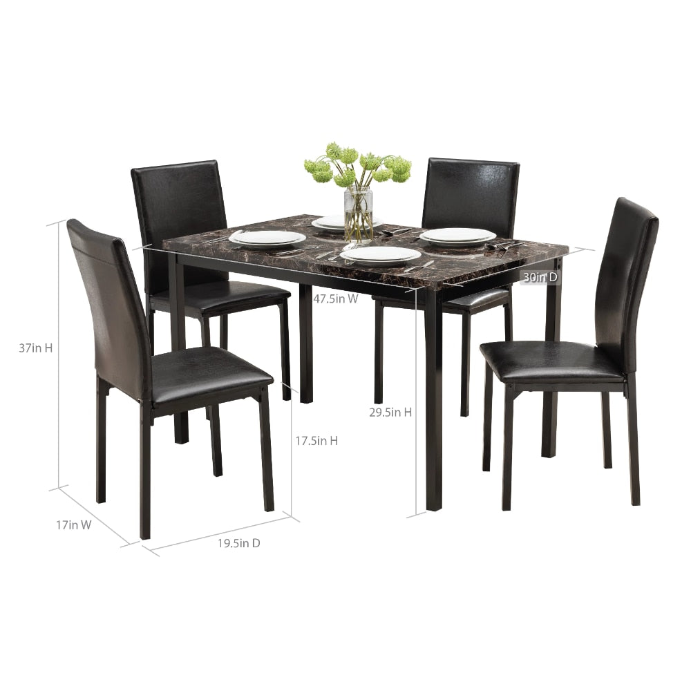 Mainstays 5 Piece Dining Set Faux Marble Table Top and 4 PU Chairs Set of 5 Include 1 Table and 4 Chairs