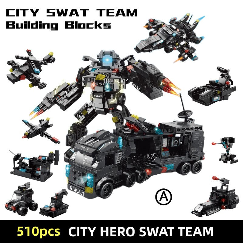 Building Blocks SWAT Team Mechanical Police Car Robot Small Assembled Colorful Bricks Model Toys For Children Birthday Gifts