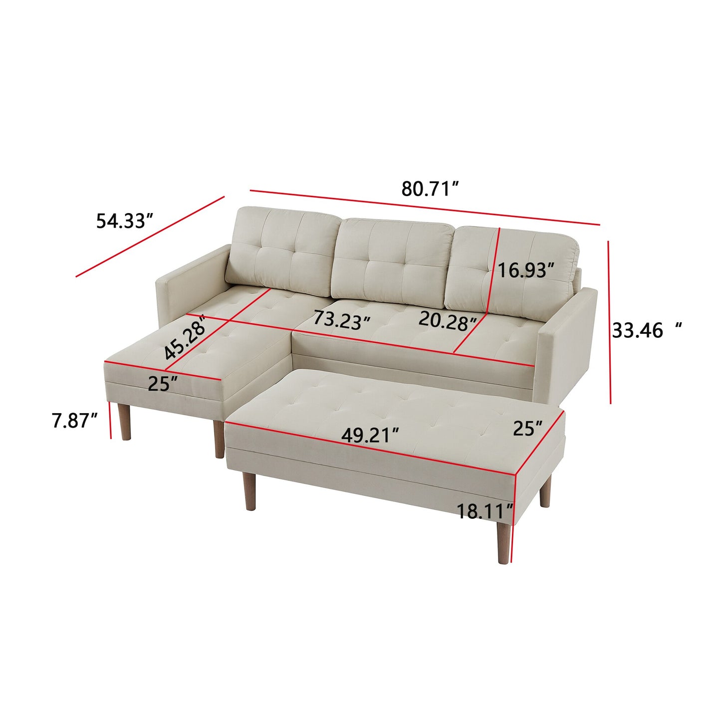 Beige Multifunctional Comfortable Sectional Sofa Bed, L-Shaped Sofa Chaise Longue with Ottoman Bench