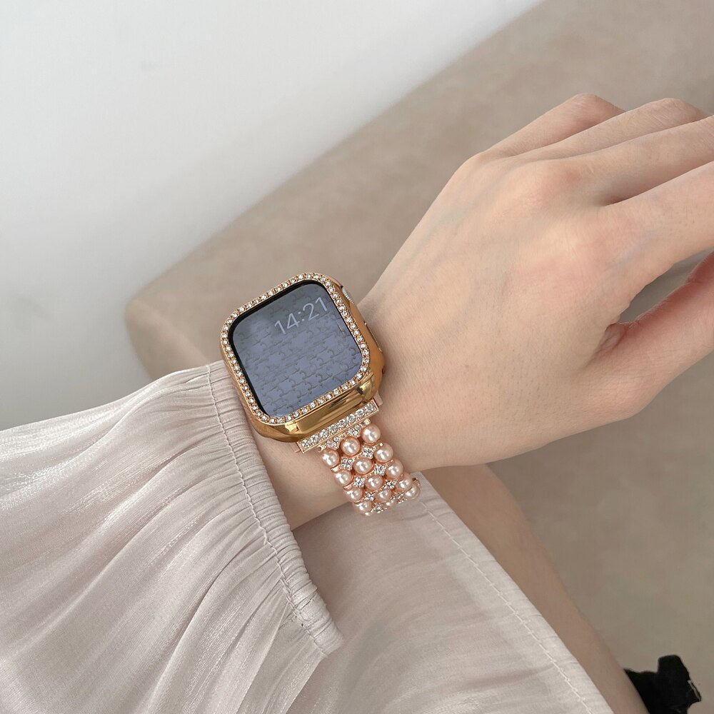 Luxury Pearl Stainless Steel Band For Apple Watch Ultra 49mm Diamond Strap For iWatch Series 8 7 41 45mm 6 3 4 5 se 2 40 42 44mm