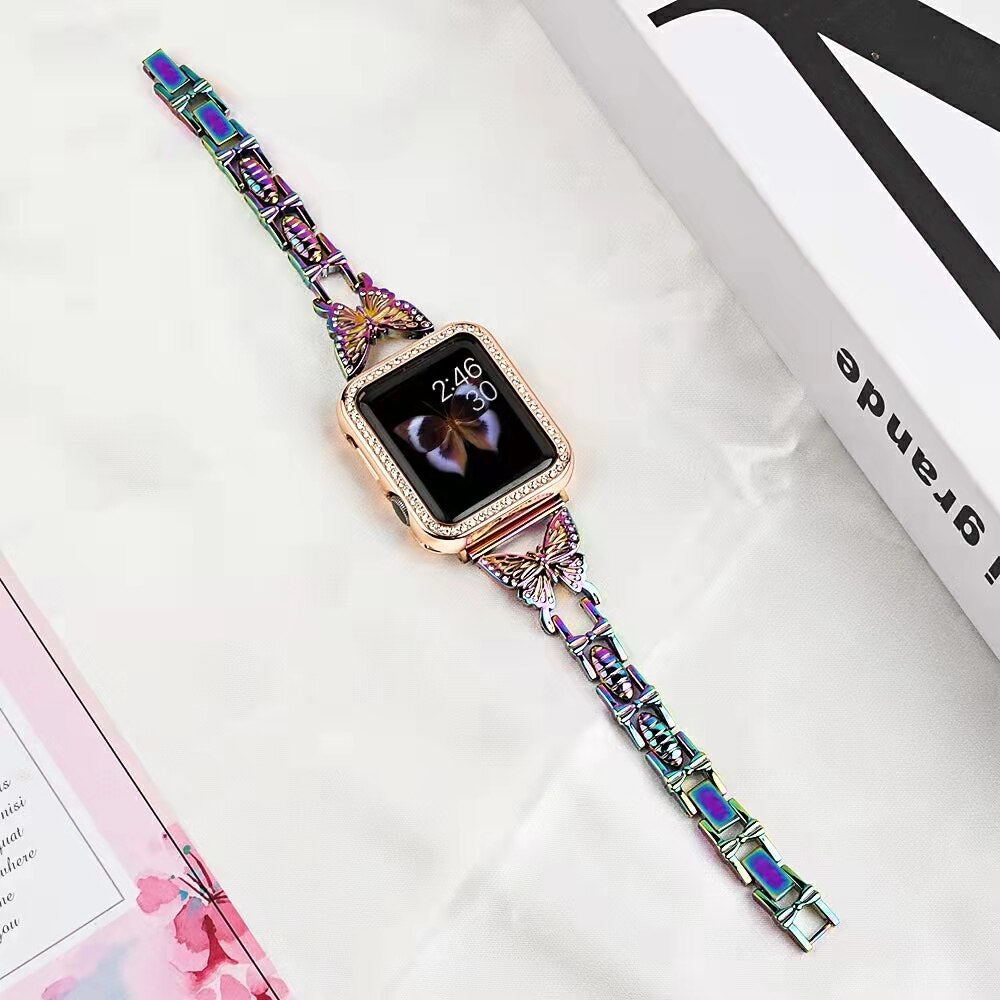 Metal Bling Band For Apple Watch 44 40 38 42mm 41 45 Women Stainless Steel Bracelet Diamond Butterfly For iWatch Series 7 6 543