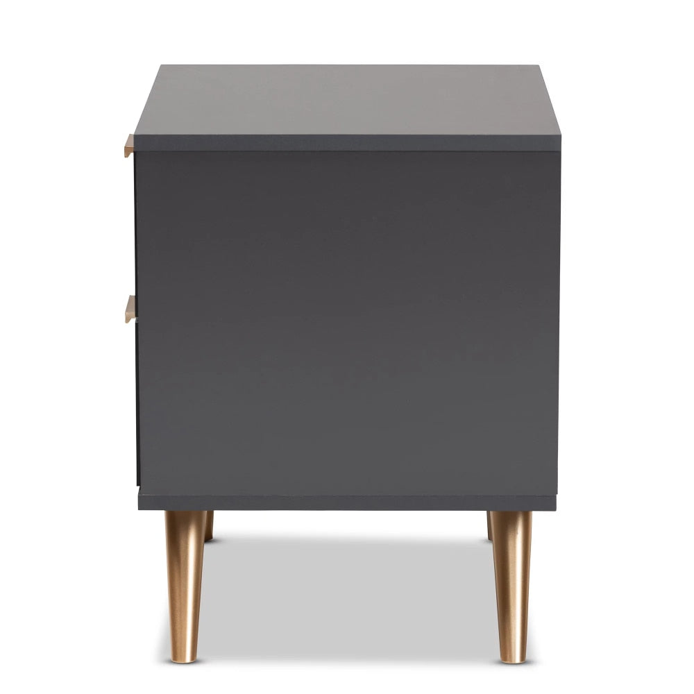 Kelson Modern and Contemporary Dark Grey and Gold Finished Wood 2-Drawer Nightstand