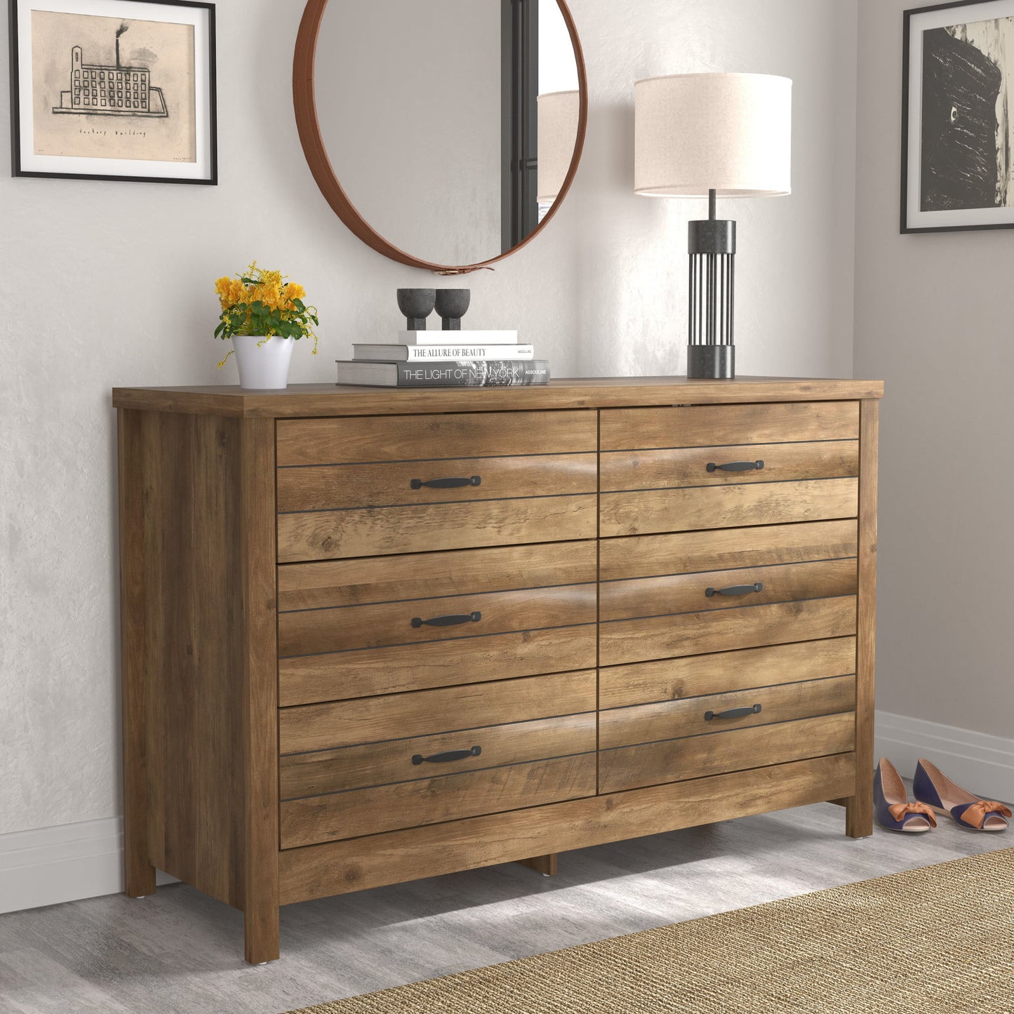 Farmhouse Oak Top 6-Drawer Dresser, Ivory, by Living Room and bedroom drawers