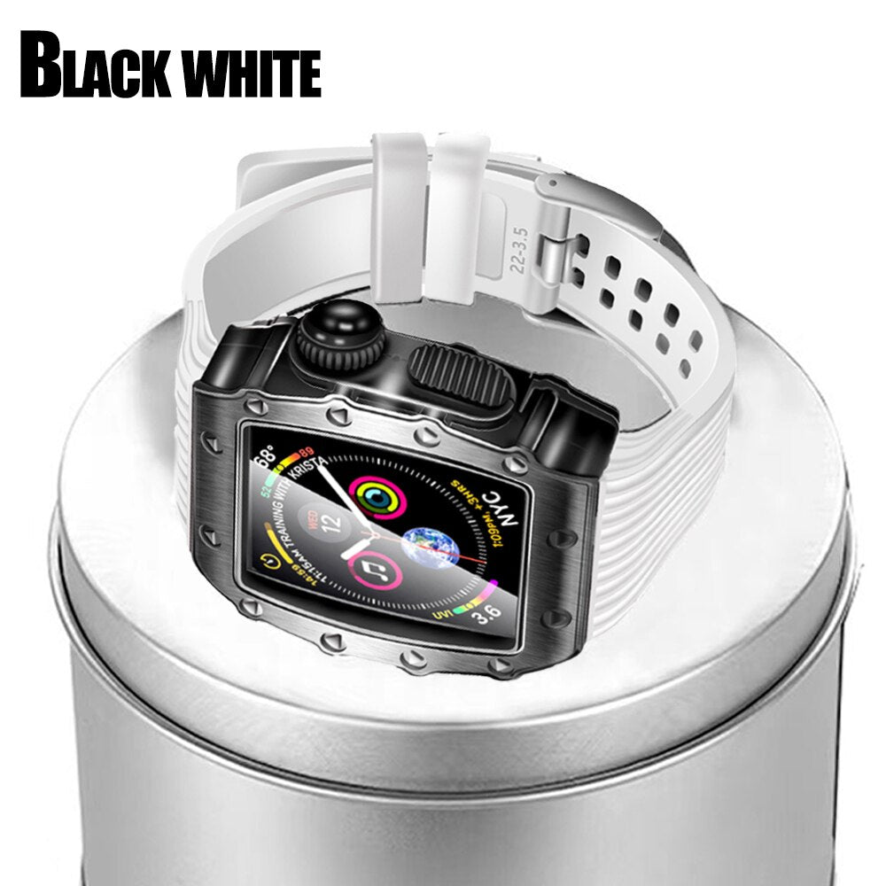 Luxury Modification Case Band for Apple Watch Series 8 7 6 5 4 44mm 45mm Men Rugged Case Silicone Sport Band for iWatch 6/5/4 SE