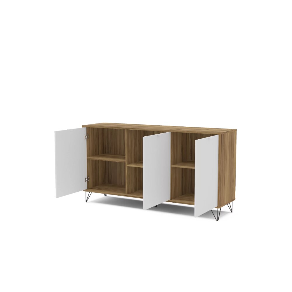 Montreal 59 In. Sideboard with 3 Doors, White &amp; Light Brown Storage Cabinet Kitchen Cabinets