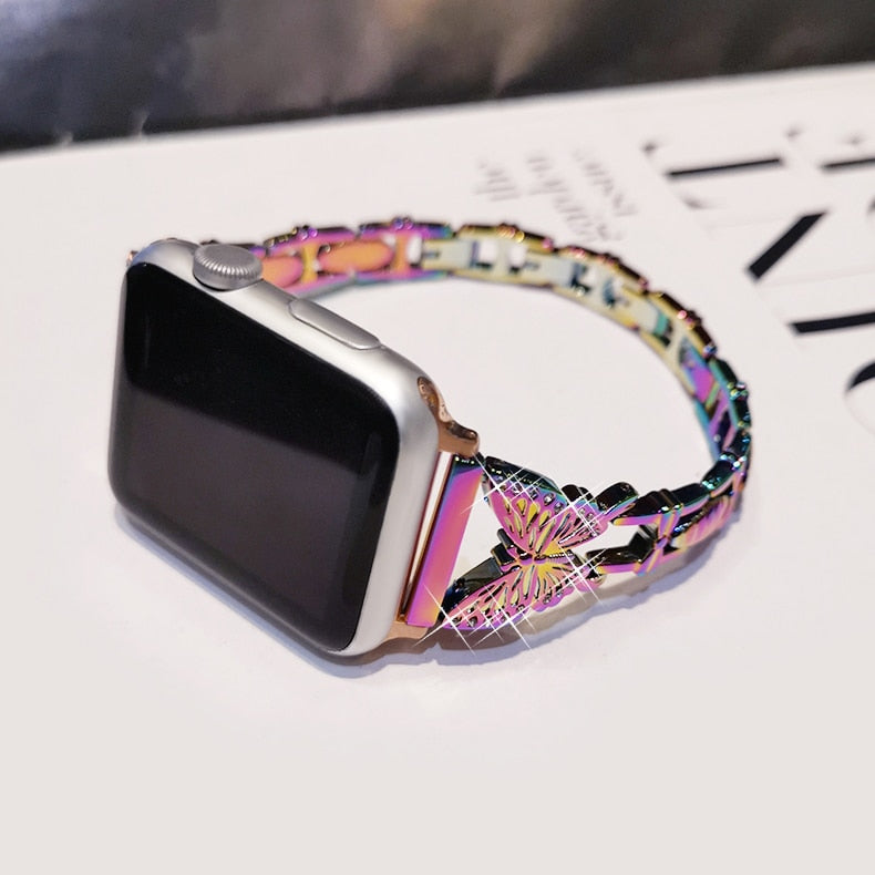 Metal Bling Band For Apple Watch 44 40 38 42mm 41 45 Women Stainless Steel Bracelet Diamond Butterfly For iWatch Series 7 6 543