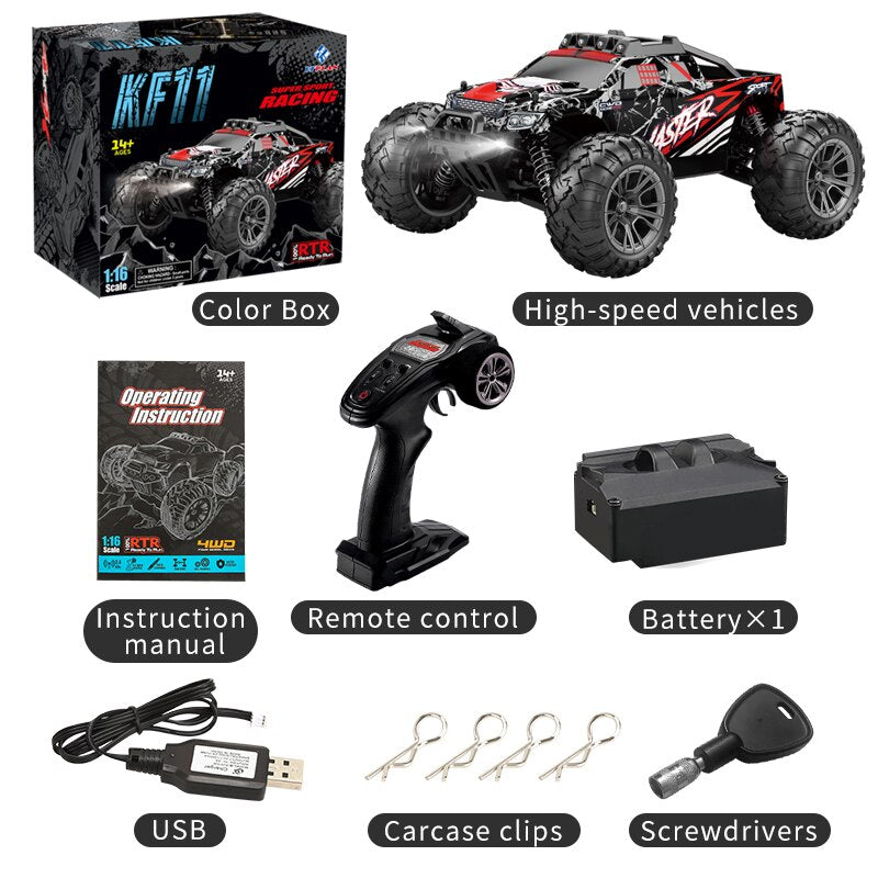 1: 16 4WD High Speed Racing Car With LED Lamp 45 Km/h Radio Remote Control Off Road Vehicle 2.4GHz Children&#39;s Toys