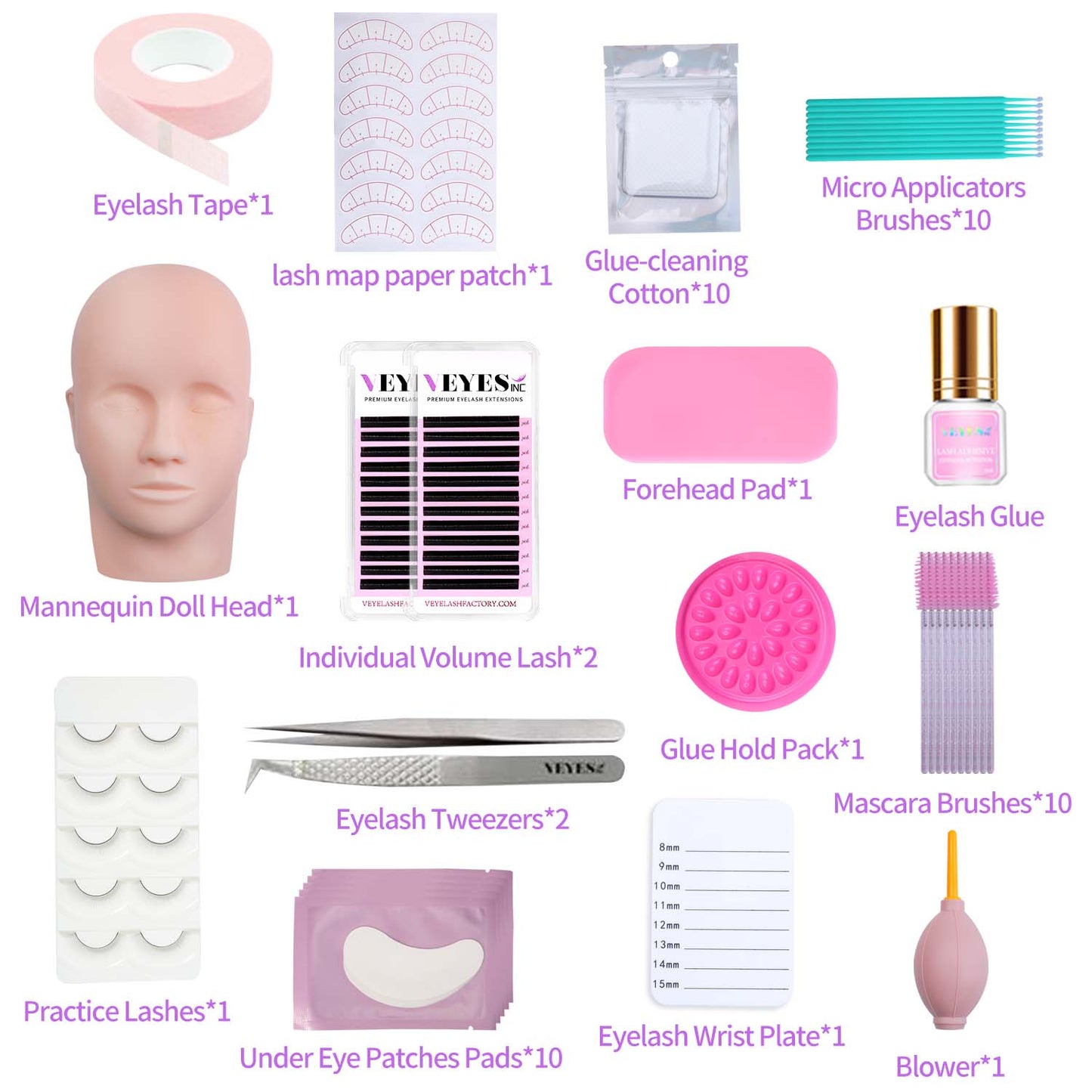 Veyelash Eyelash Extension Kit Practice Model Mannequin Head of Reusable Eyelids Eyelash Adhesive Classic Lash Kit Makeup Tools