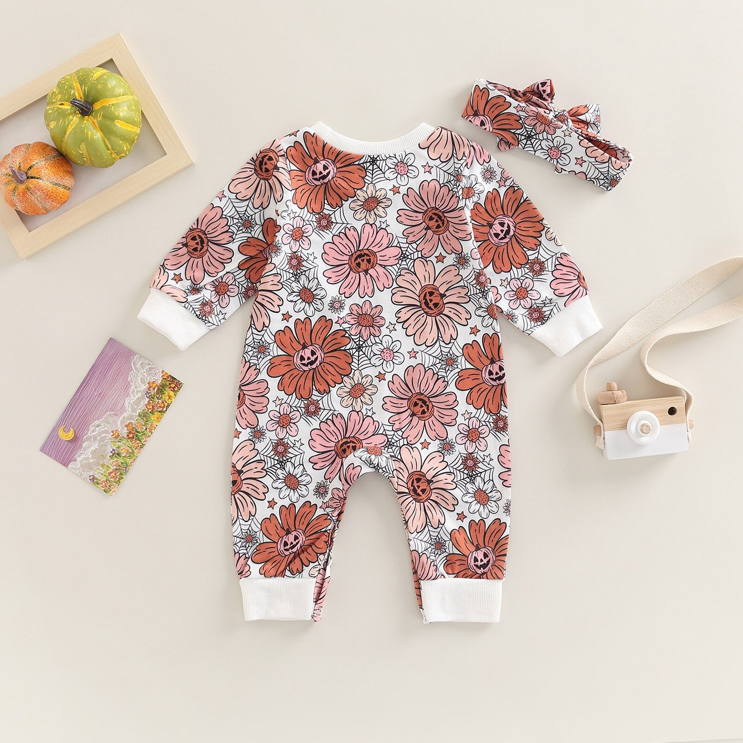 2022-07-29 Lioraitiin 0-18M Baby Girl\u2019s Long Sleeve Jumpsuit Fashion Pumpkin Flower Printed Long Romper with Headband