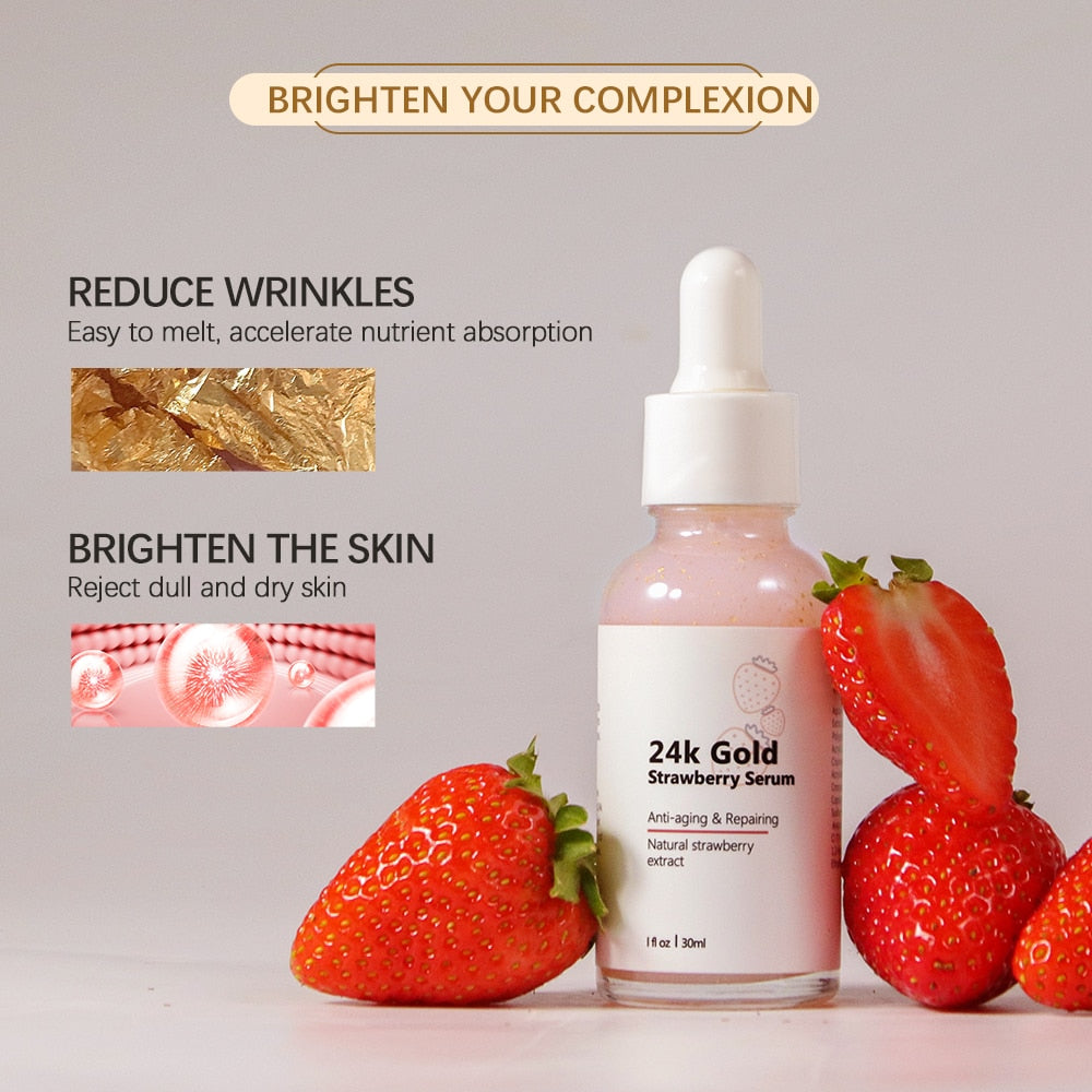 LIYALAN 24K Gold Leaf Strawberry Vitamin C Face Serum Dry Skin Moisturizing Facial Whitening Repair Anti-Aging Wrinkles Essence