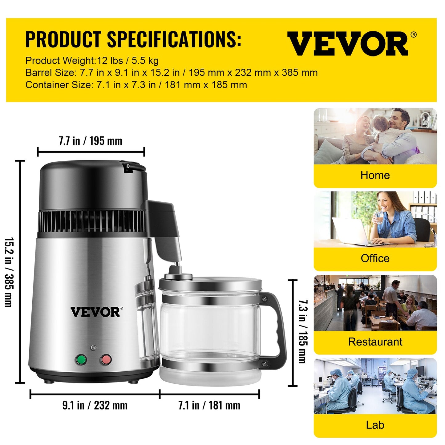 VEVOR 4L Water Filter 304 Stainless Steel Home Water Bottle Drinking Distiller Machine Electric Dental Distillation Purifier