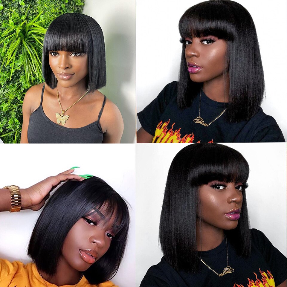 Straight Bob Wig with Bangs Bone Remy Human Hair Wigs for Women Brazilian Hair Straight Full Machine Made Wigs Bob Fringe Wig