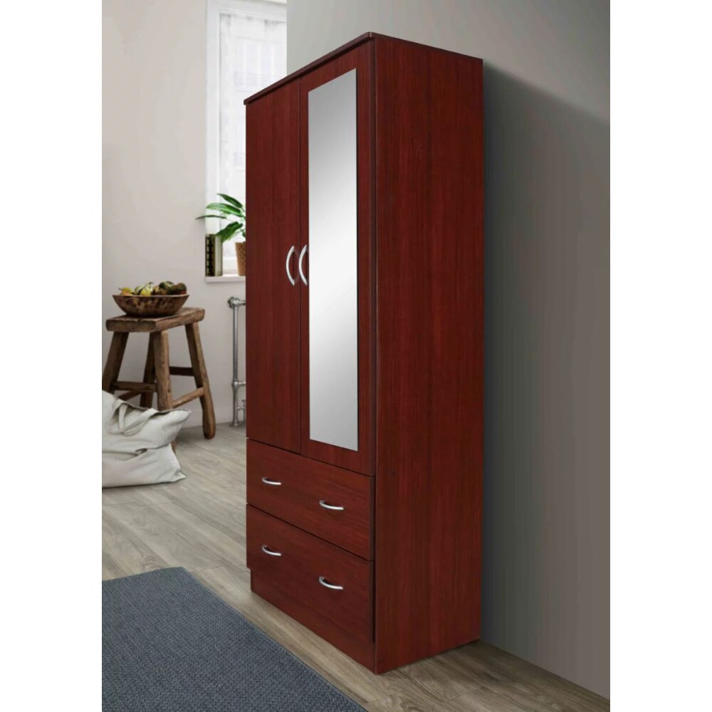 Hodedah Two Door Wardrobe with Two Drawers and Hanging Rod plus Mirror, storage cabinet