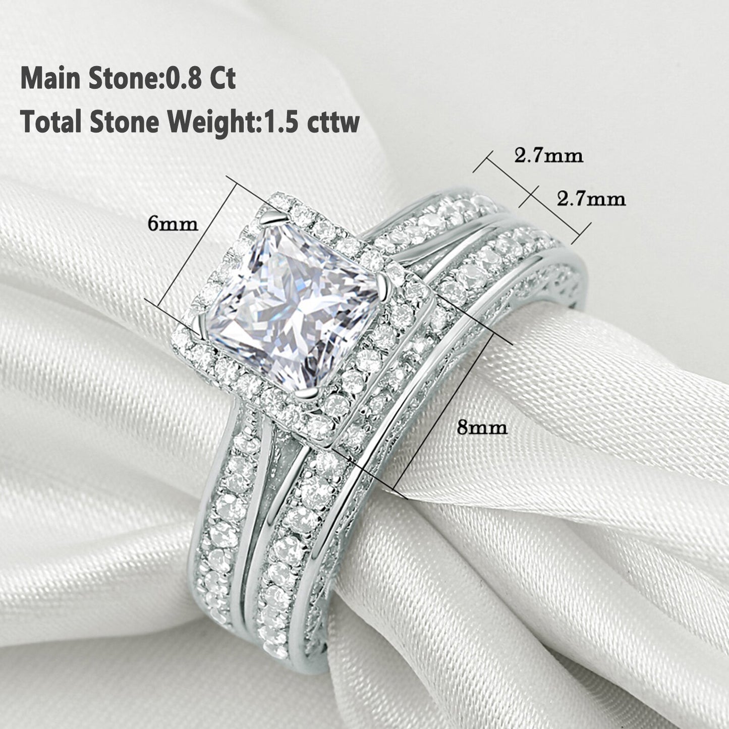 Newshe 2Pcs Genuine 925 Sterling Silver Wedding Ring Set Classic Jewelry 0.8 Ct Princess Cut AAAAA CZ Engagement Rings for Women