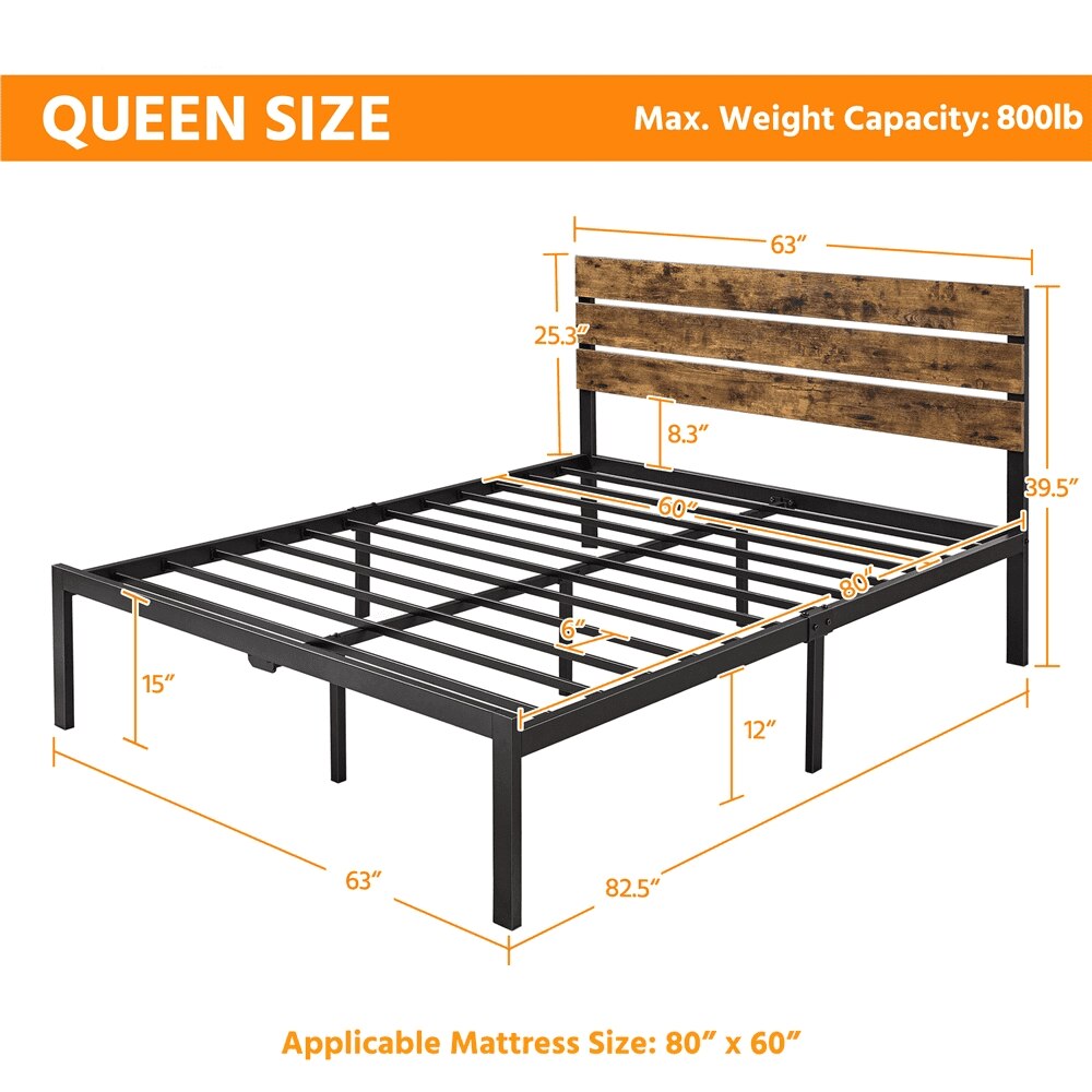 Easyfashion Metal Platform Queen Bed with Wood Headboard