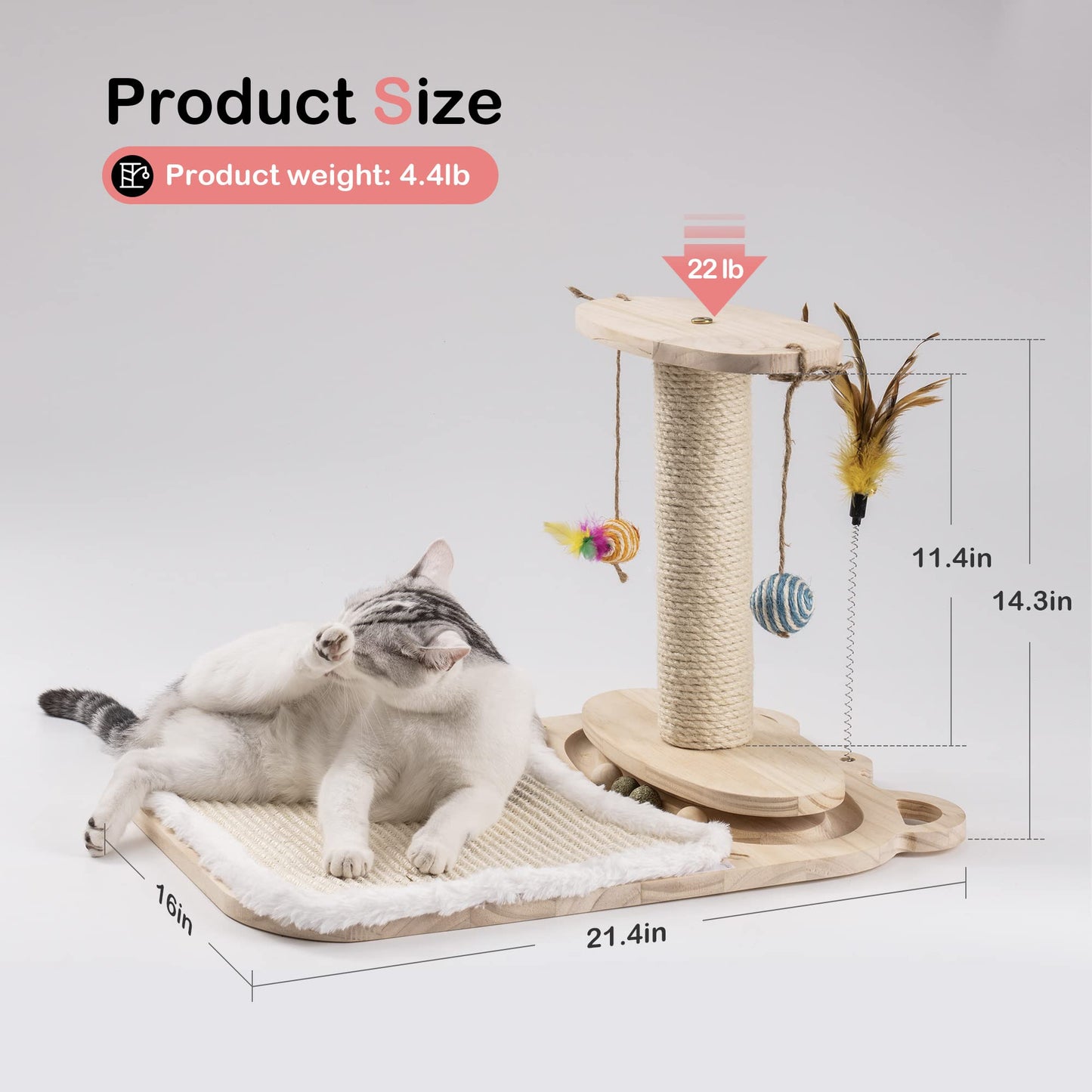 Mewoofun Cat Toy 2-Layer Turntable Cat Ball Toy Feather Stick Interactive Cat Toy Two Sisal Dangling Balls Cat Scratching Post