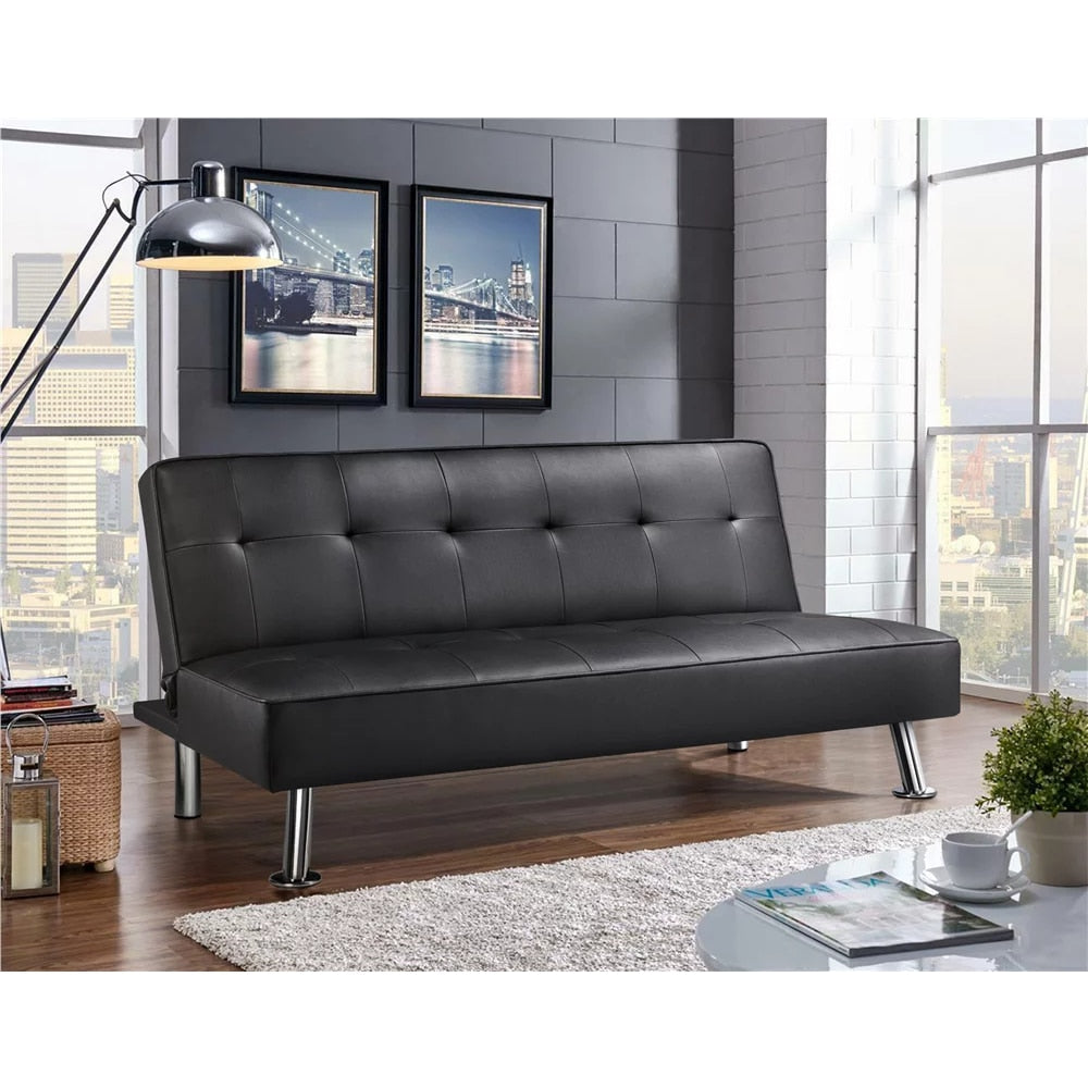 2023 New Easyfashion Convertible Black Faux Leather Futon Sofa Bed, Black/White