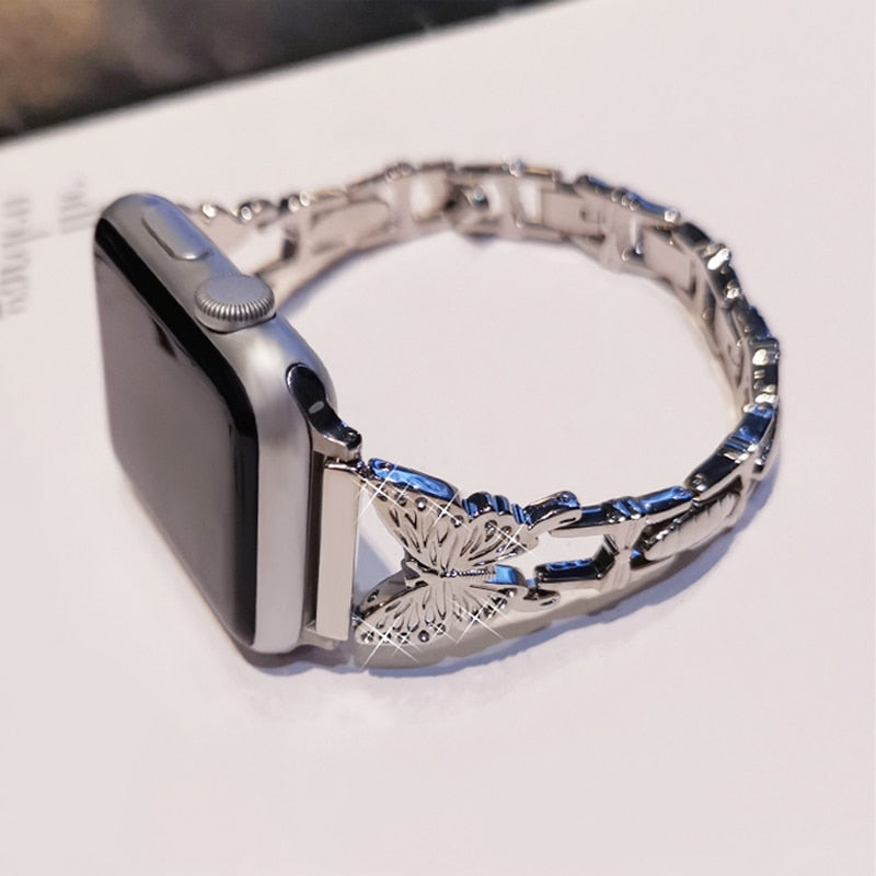 Metal Bling Band For Apple Watch 44 40 38 42mm 41 45 Women Stainless Steel Bracelet Diamond Butterfly For iWatch Series 7 6 543