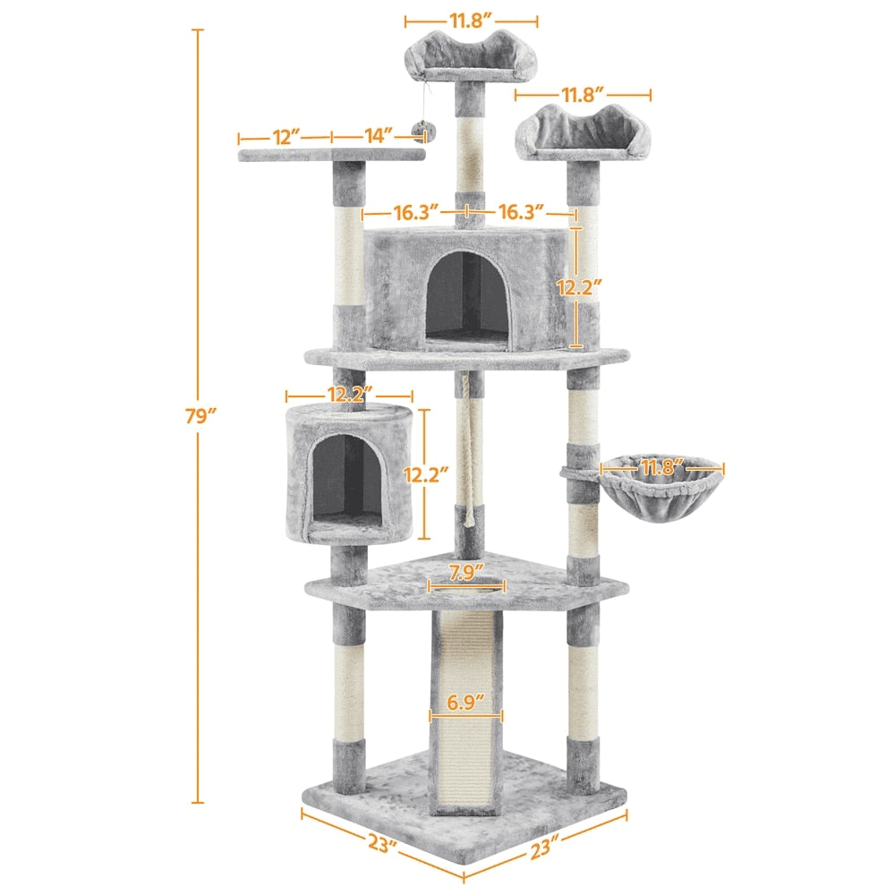 Easyfashion 79&quot; Multilevel Cat Tree Tower with Scratching Posts, Light Gray