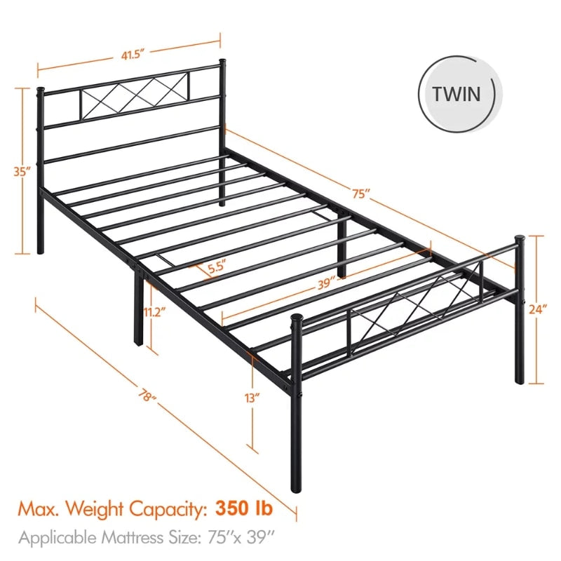 SMILE MART X-Design Headboard &amp; Footboard Metal Twin Bed Black 78&quot; L × 41&quot; W × 35&quot; H Twin Bed Frame Bedroom Furniture