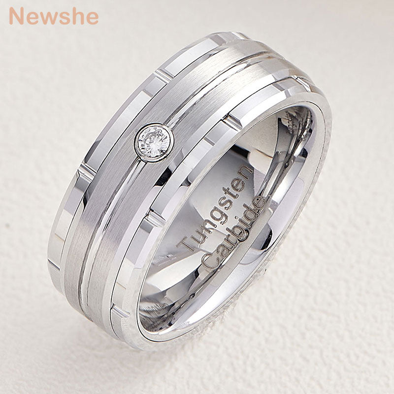 Newshe Black/ Rose/White Gold Color Men's Wedding Band 8mm Matte Brushed Tungsten Rings for Him Cubic Zircon Size 8-13