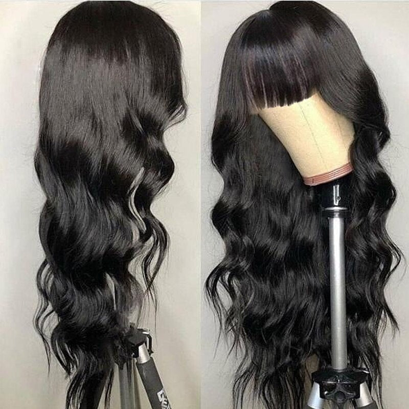 250 Density Body Wave Wig Malaysian Remy Loose Water Wave Human Hair Wigs With Bangs Human Hair Wig For Women 30 Inch Fringe Wig