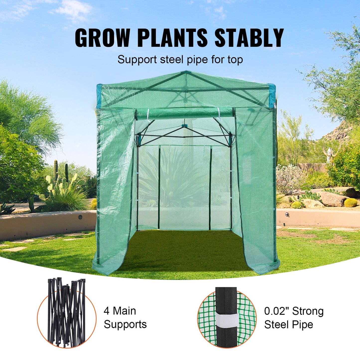 VEVOR 8&#39;x6&#39;x7.5&#39; Pop Up Greenhouse, Set Up in Minutes, High Strength PE Cover with Doors &amp; Windows and Powder-Coated Steel Frame