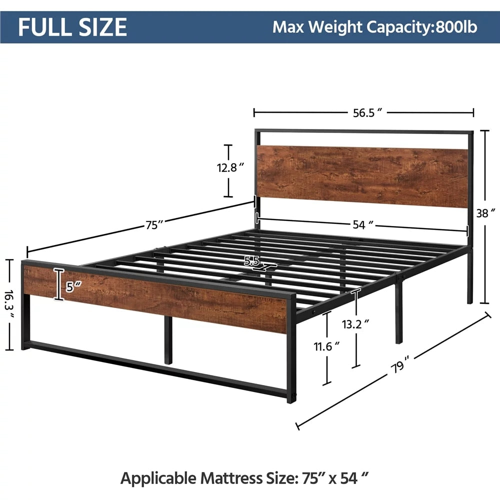 Rustic Metal Frame Base Platform Bed with Slat Support, Rustic Brown,Durable and Strong， Indoor